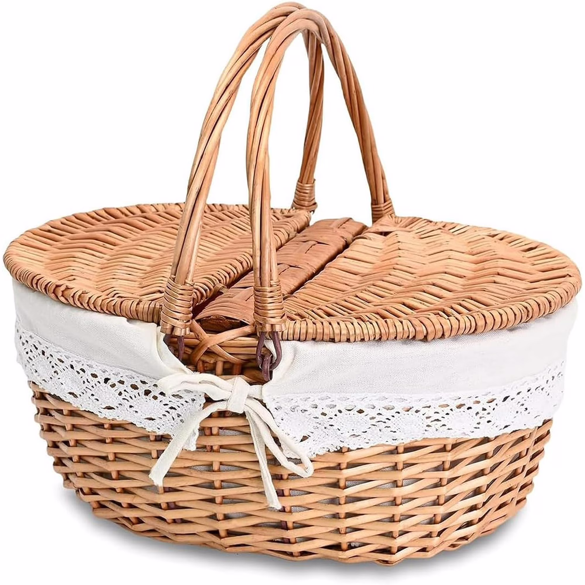 Wicker Picnic Basket with Removable Liner Empty Picnic Baskets with Lid, Picnic Hamper with Foldable Handles for Picnic 2, Natural Color, Large