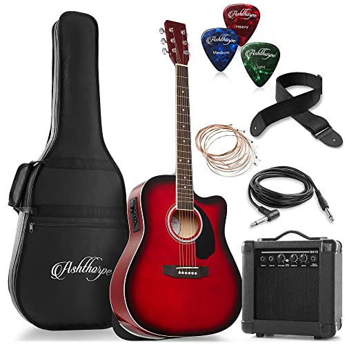 Ashthorpe Full-Size Dreadnought Cutaway Acoustic Electric Guitar Package with 10 Watt Amp - Black