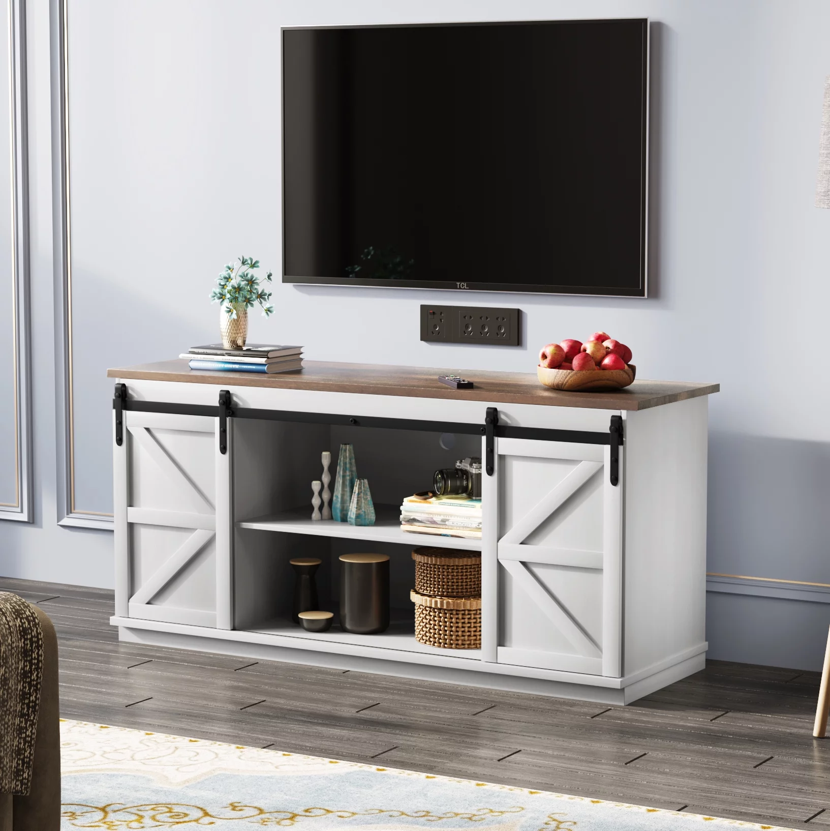 Furmax Modern Farmhouse Barn Door TV Stand for TVs up to 65", White - Curated Treasures Market