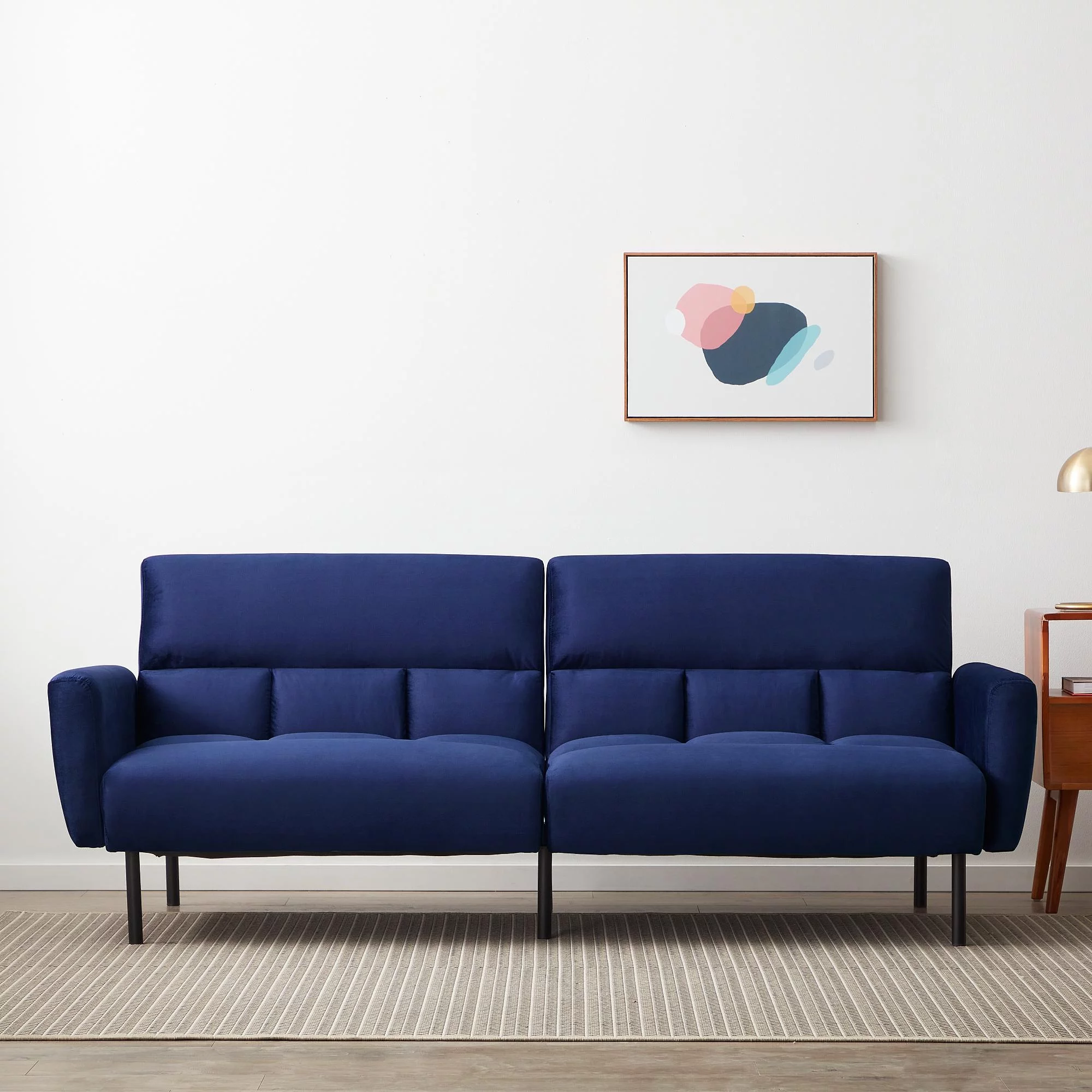 Mayview Sofa Bed with Box Tufting and Removable Arms, Navy Velvet