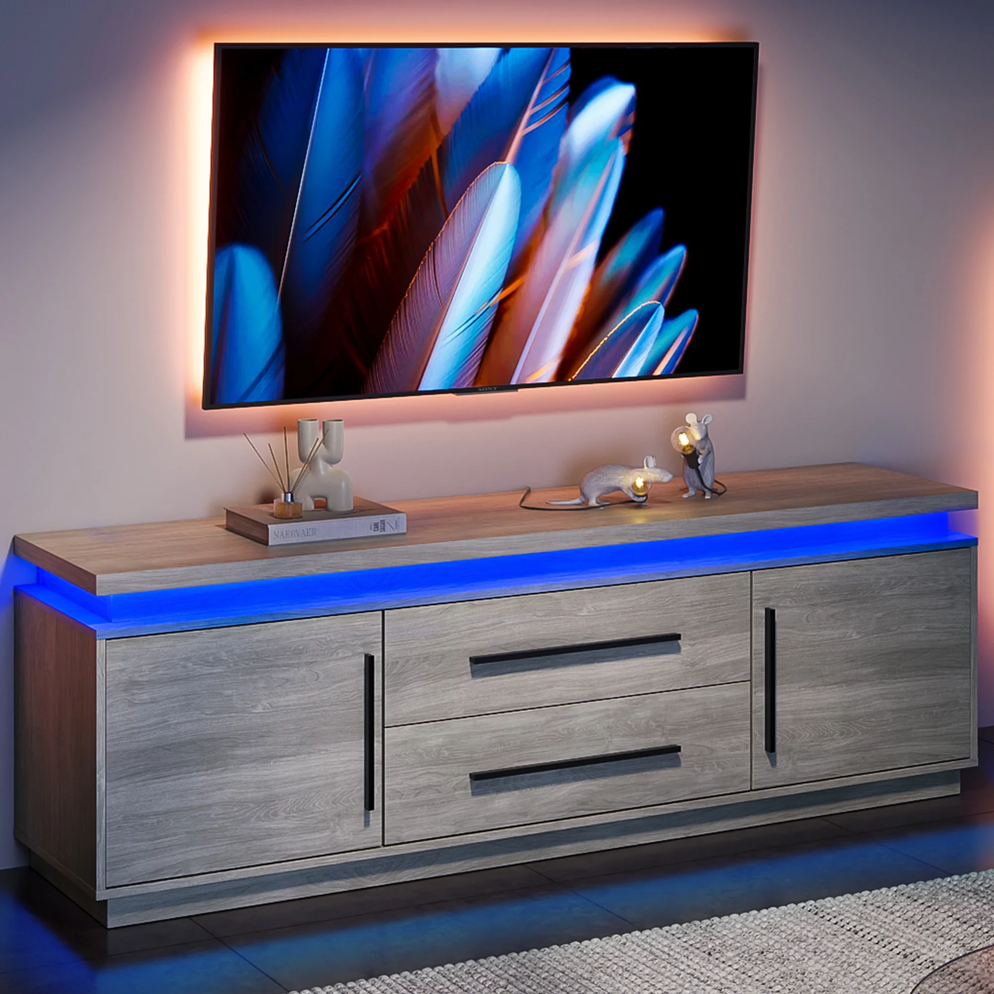 BELLEZE 67" TV Stand for TV up to 75", Modern Entertainment Center with LED Lights Change to Melody of Music