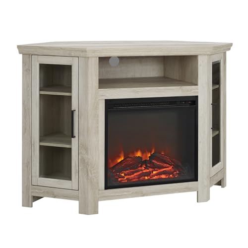 Walker Edison Alcott Classic Glass Door Fireplace Corner TV Stand for TVs up to 55 Inches, 48 Inch, Traditional Brown
