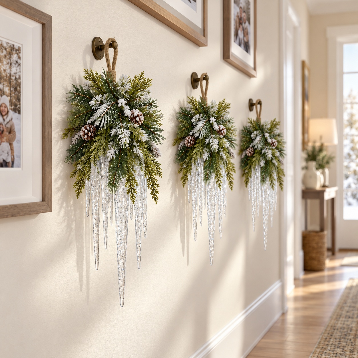 Snowy icicle hanging decor winter display