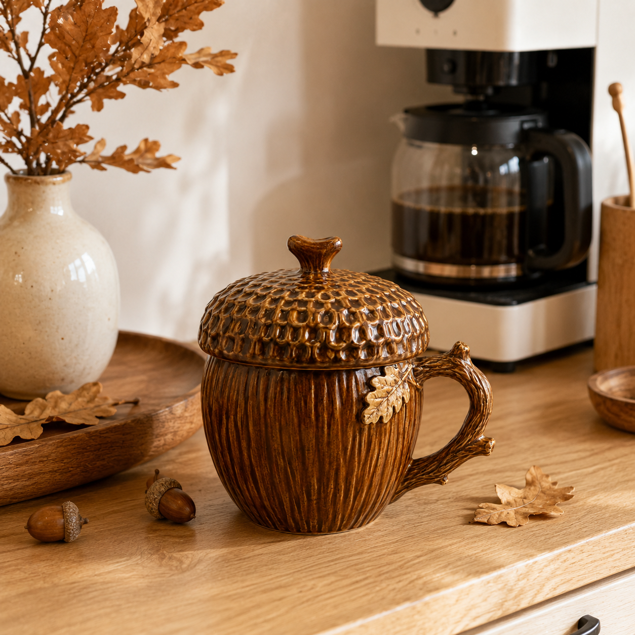 Acorn Lidded Mug with Oak Leaf & Branch Handle