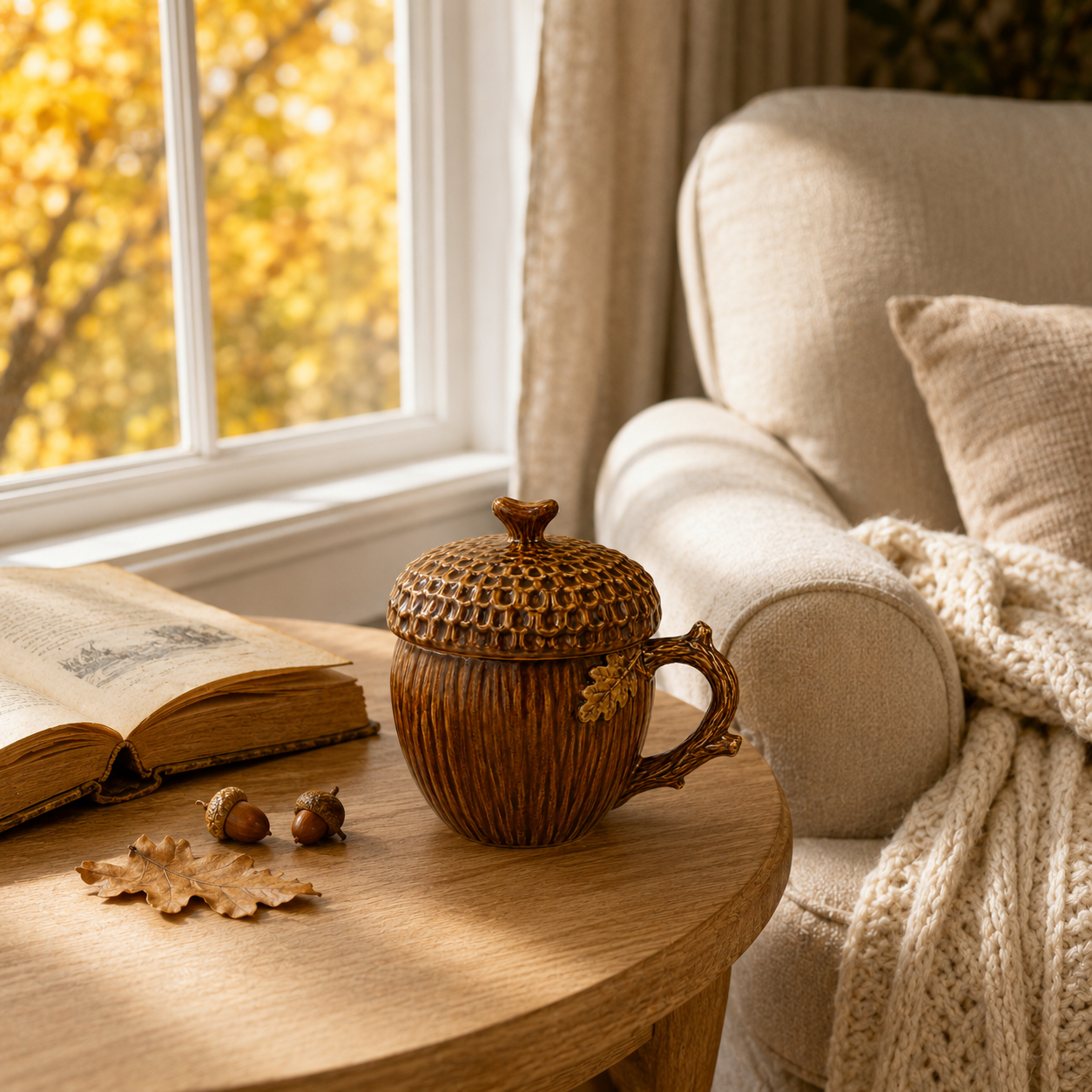 Acorn Lidded Mug with Oak Leaf & Branch Handle