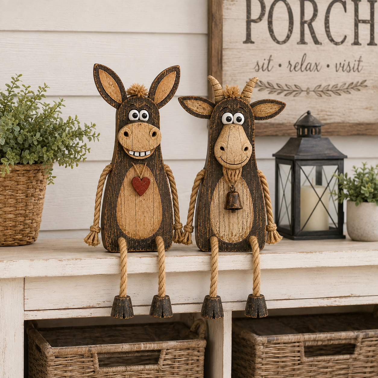 2-Piece Wooden Dangling-Leg Animal Decoration Set