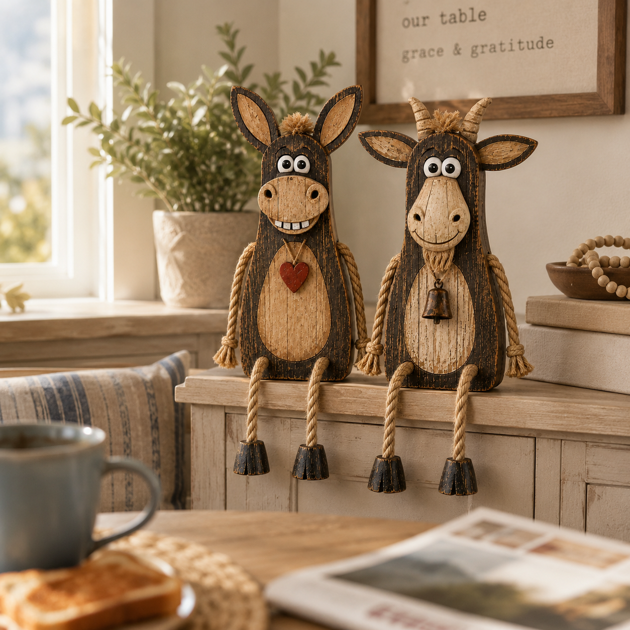 2-Piece Wooden Dangling-Leg Animal Decoration Set