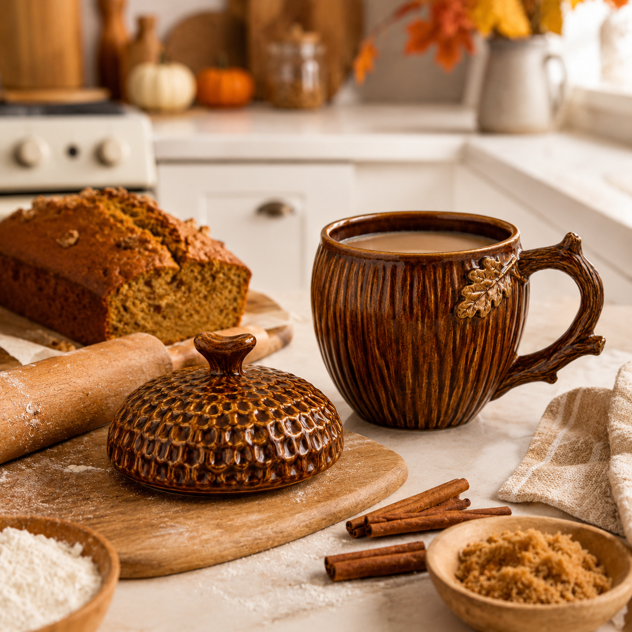 Acorn Lidded Mug with Oak Leaf & Branch Handle