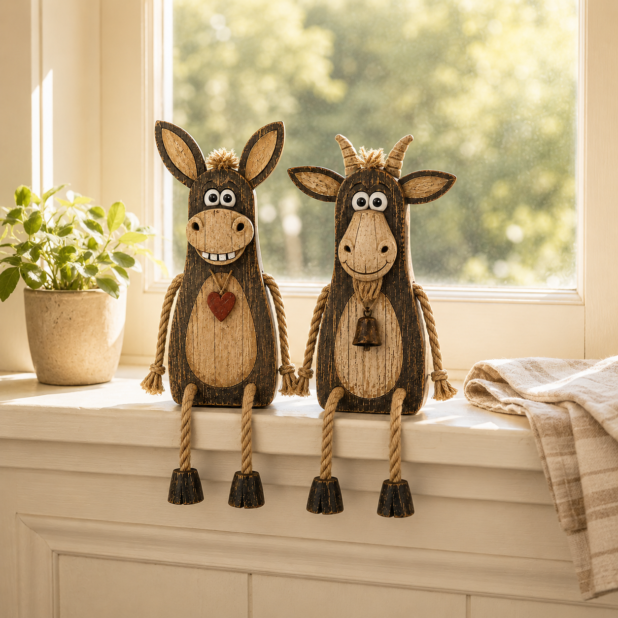 2-Piece Wooden Dangling-Leg Animal Decoration Set