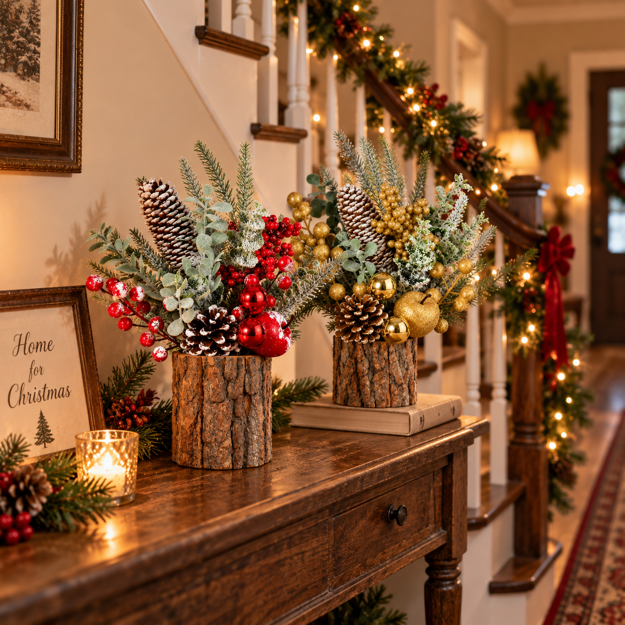 Rustic Christmas Tabletop Arrangement with Red Berries