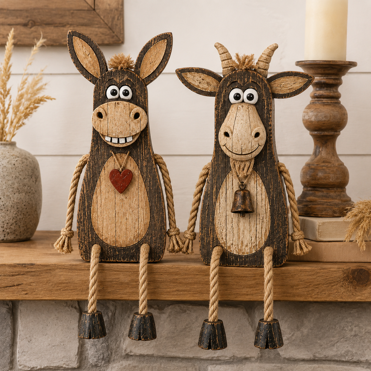 2-Piece Wooden Dangling-Leg Animal Decoration Set