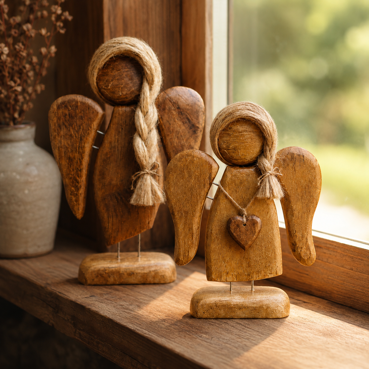 Rustic Wooden Angel Figurines Set of 2