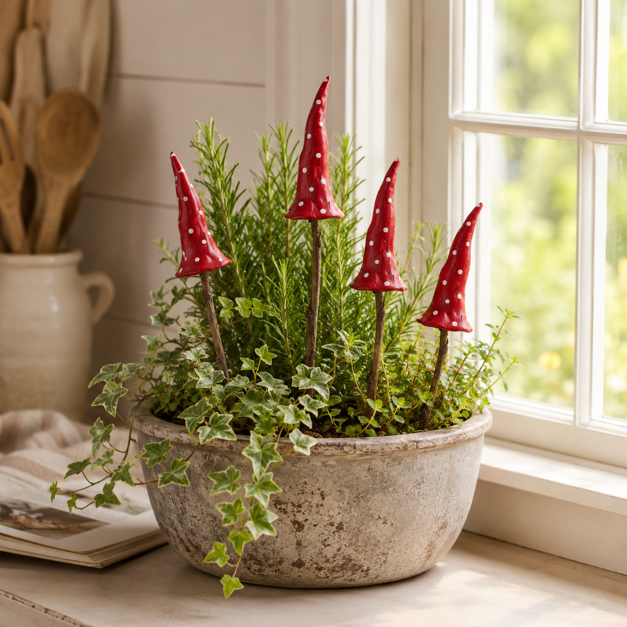 Whimsical Red Mushroom Garden Stake