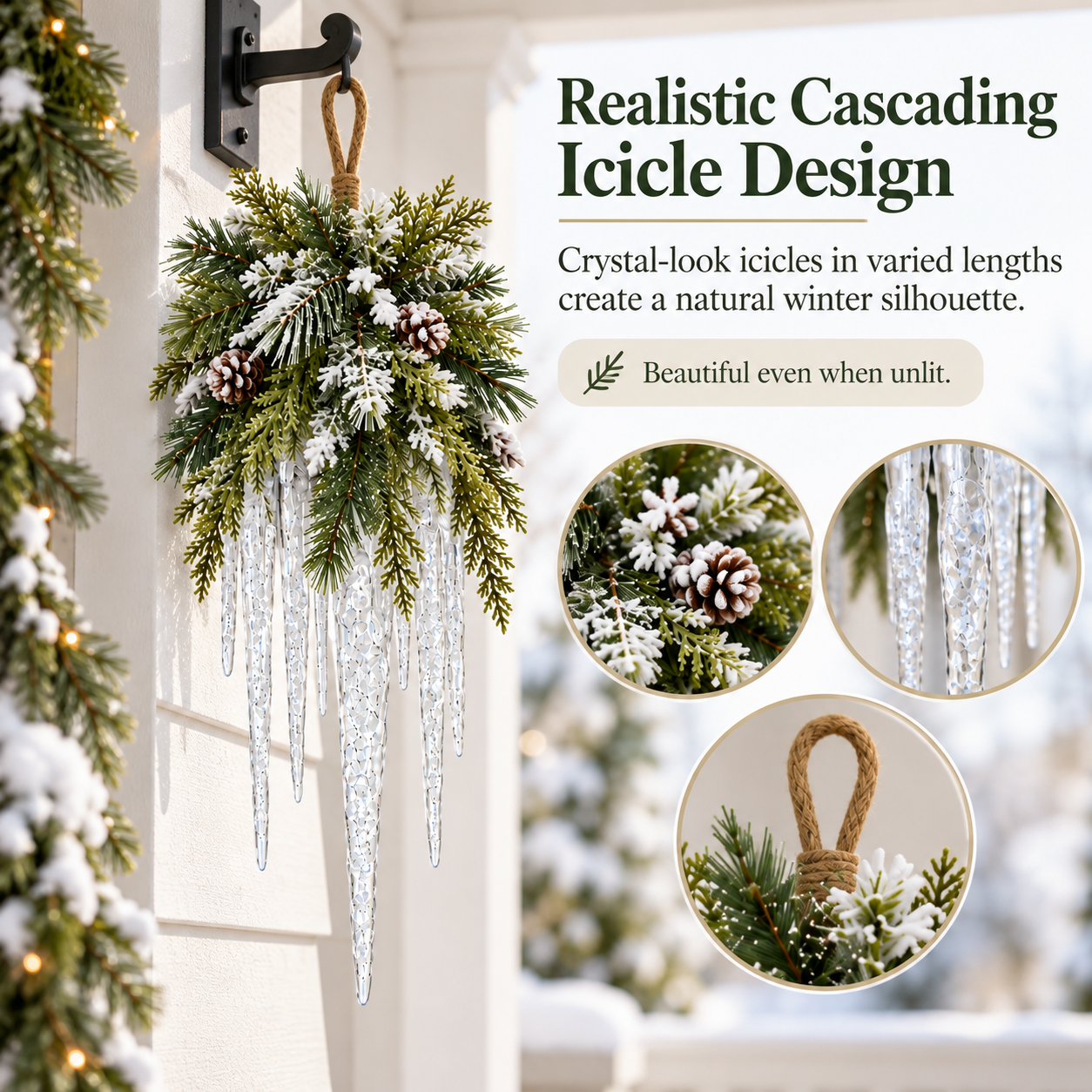 Snowy icicle decor feature details