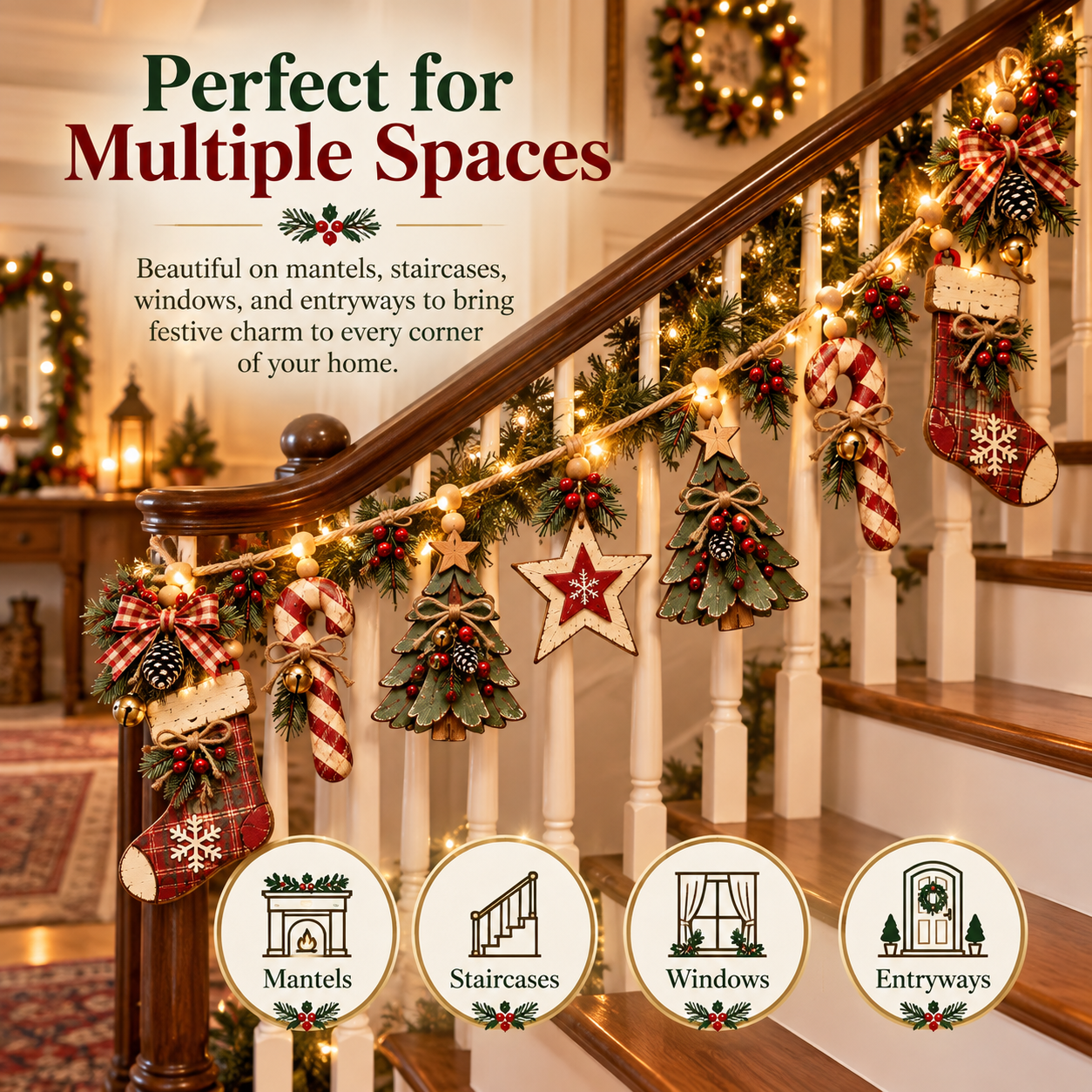 Vintage Lighted Wooden Christmas Heirloom Garland