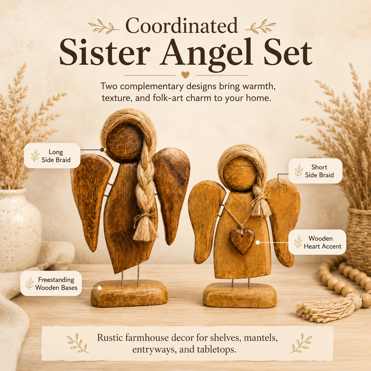Rustic Wooden Angel Figurines Set of 2