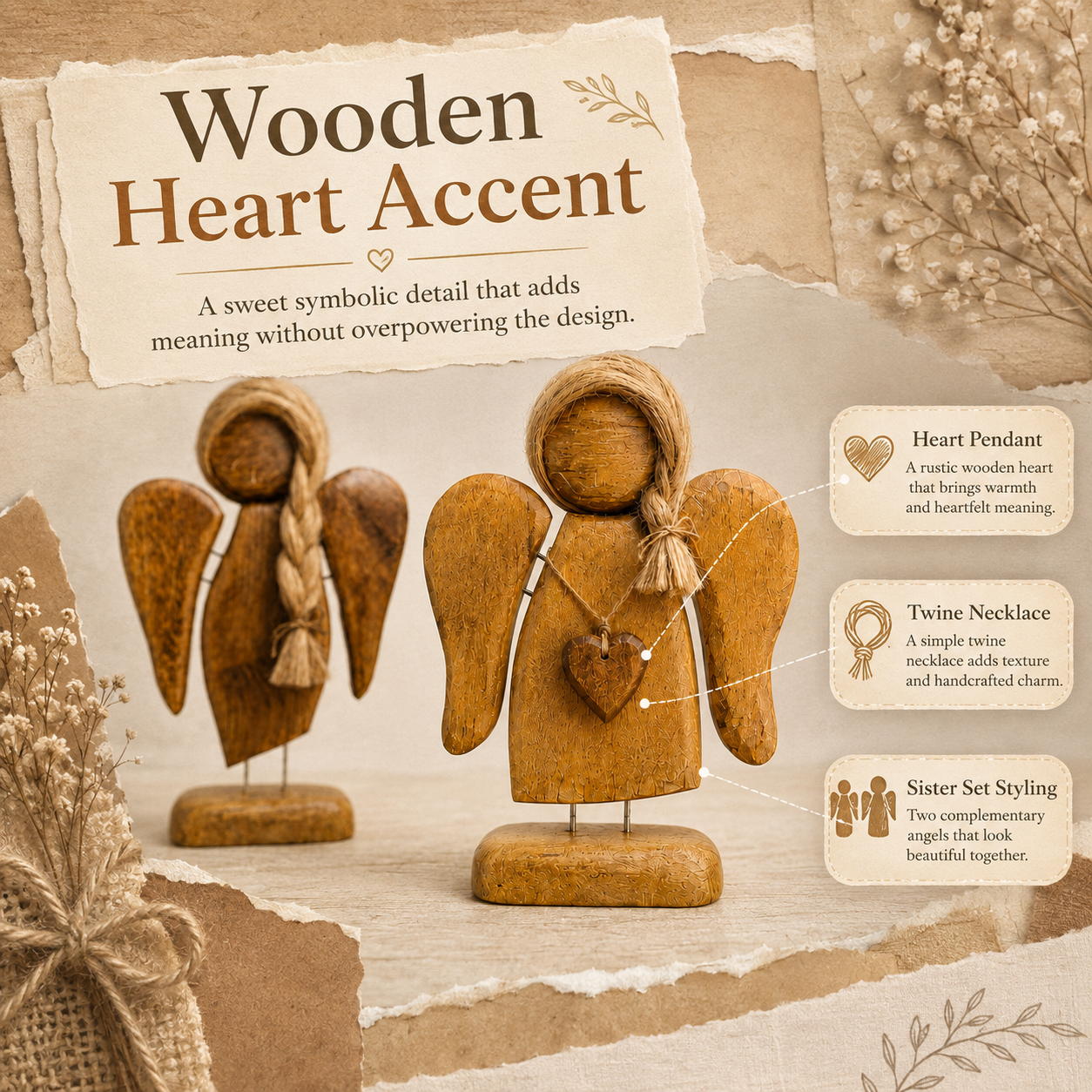 Rustic Wooden Angel Figurines Set of 2