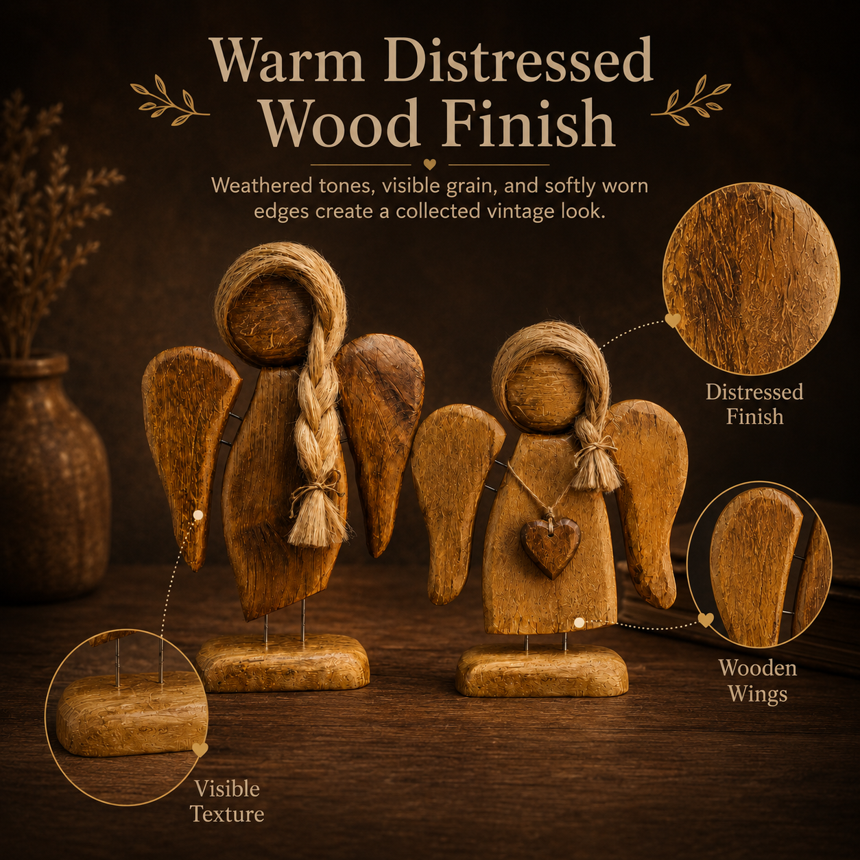 Rustic Wooden Angel Figurines Set of 2