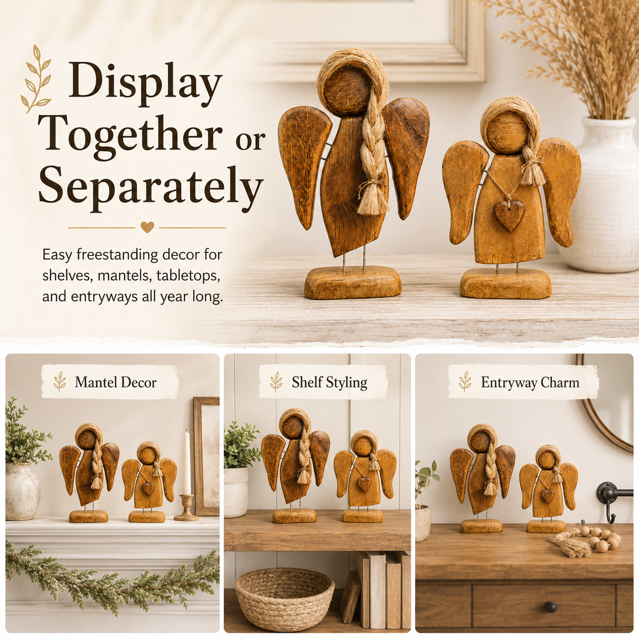 Rustic Wooden Angel Figurines Set of 2