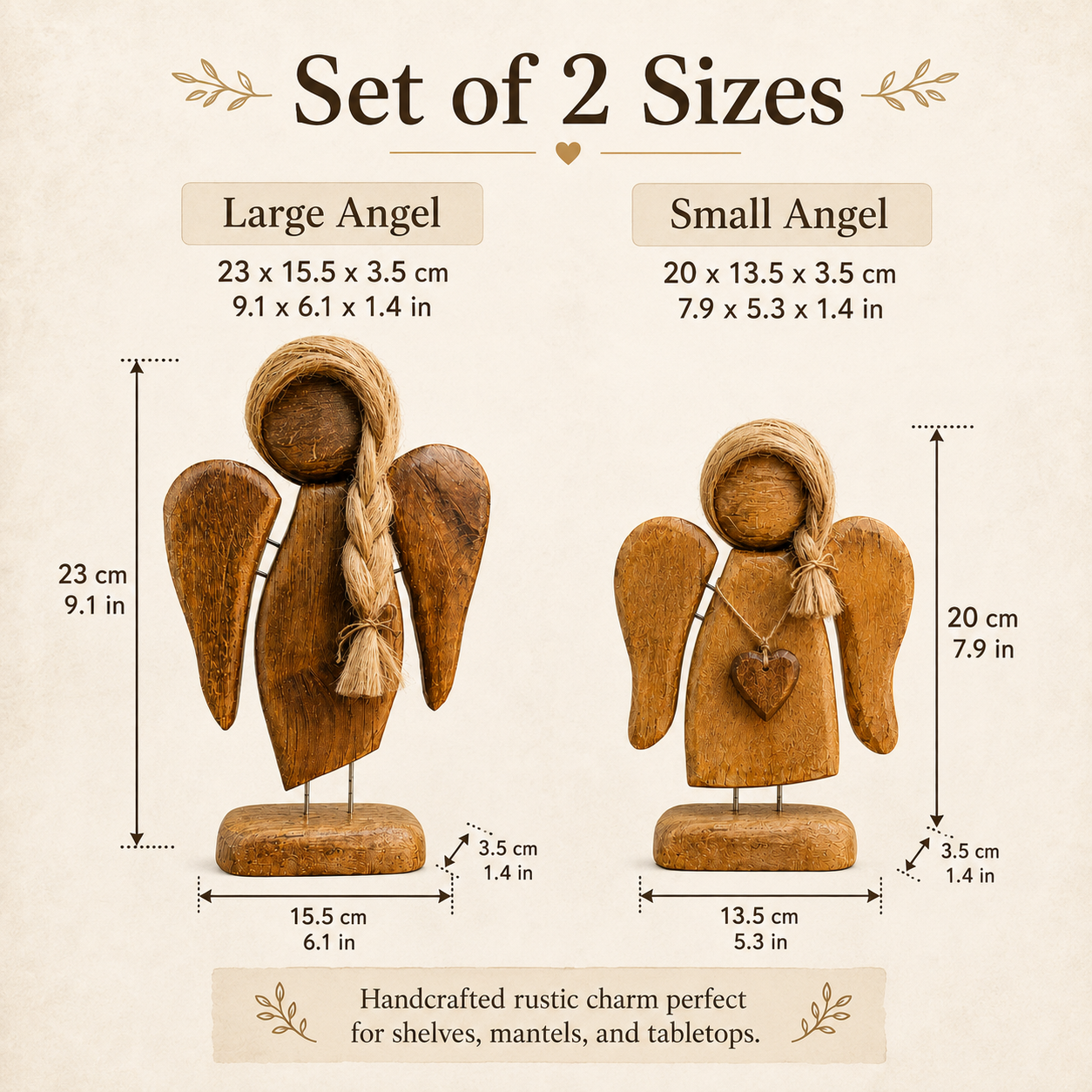 Rustic Wooden Angel Figurines Set of 2