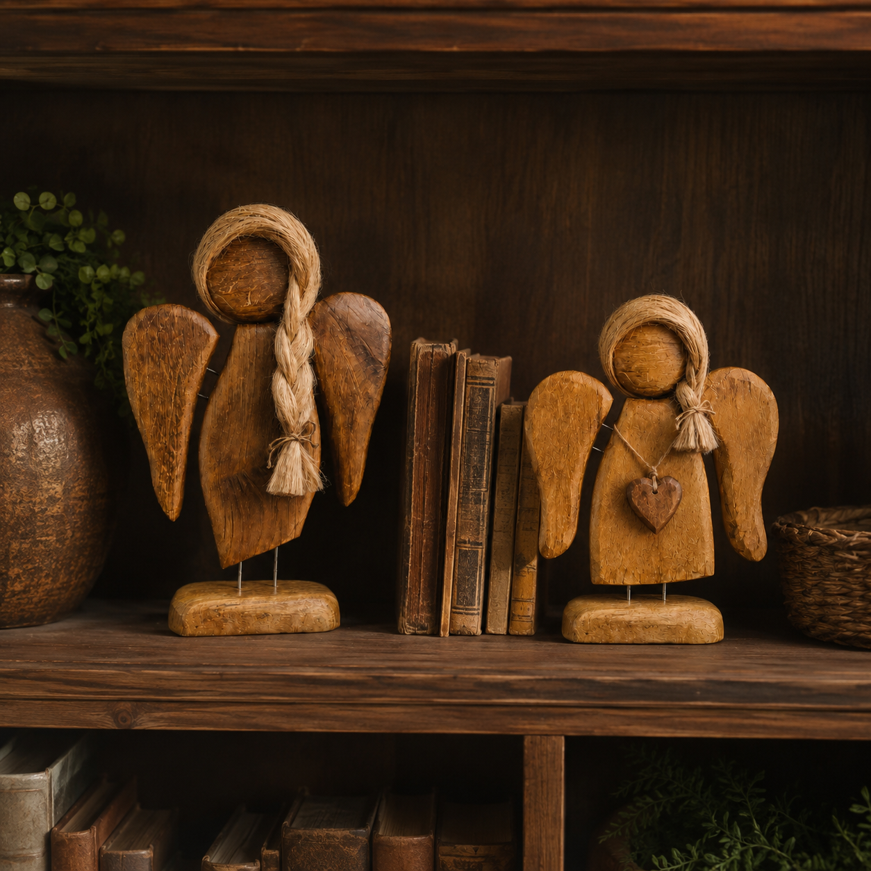 Rustic Wooden Angel Figurines Set of 2
