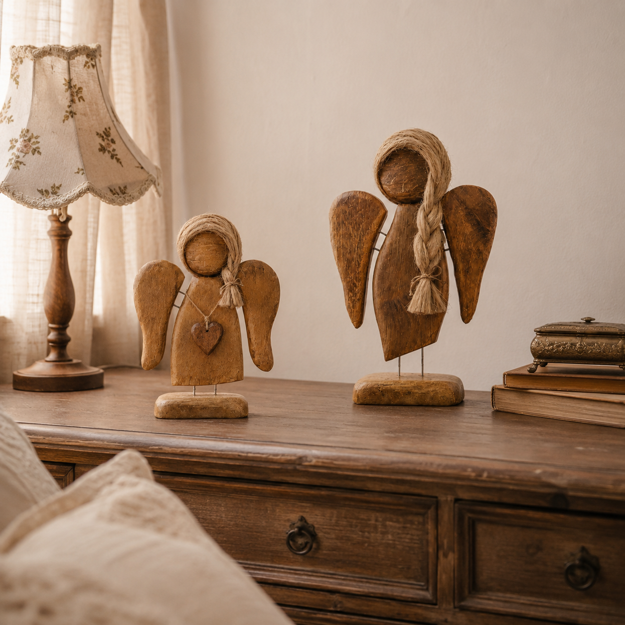 Rustic Wooden Angel Figurines Set of 2