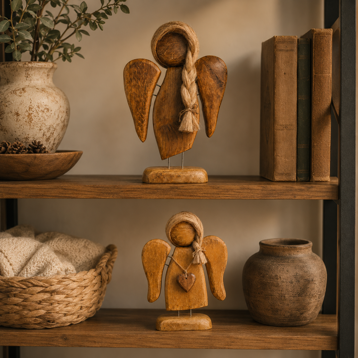 Rustic Wooden Angel Figurines Set of 2