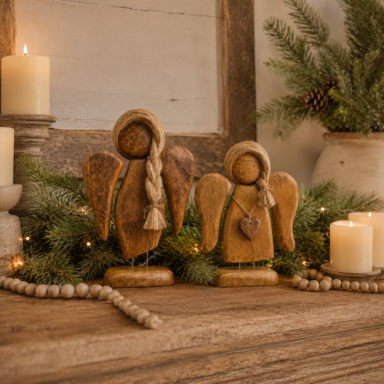 Rustic Wooden Angel Figurines Set of 2