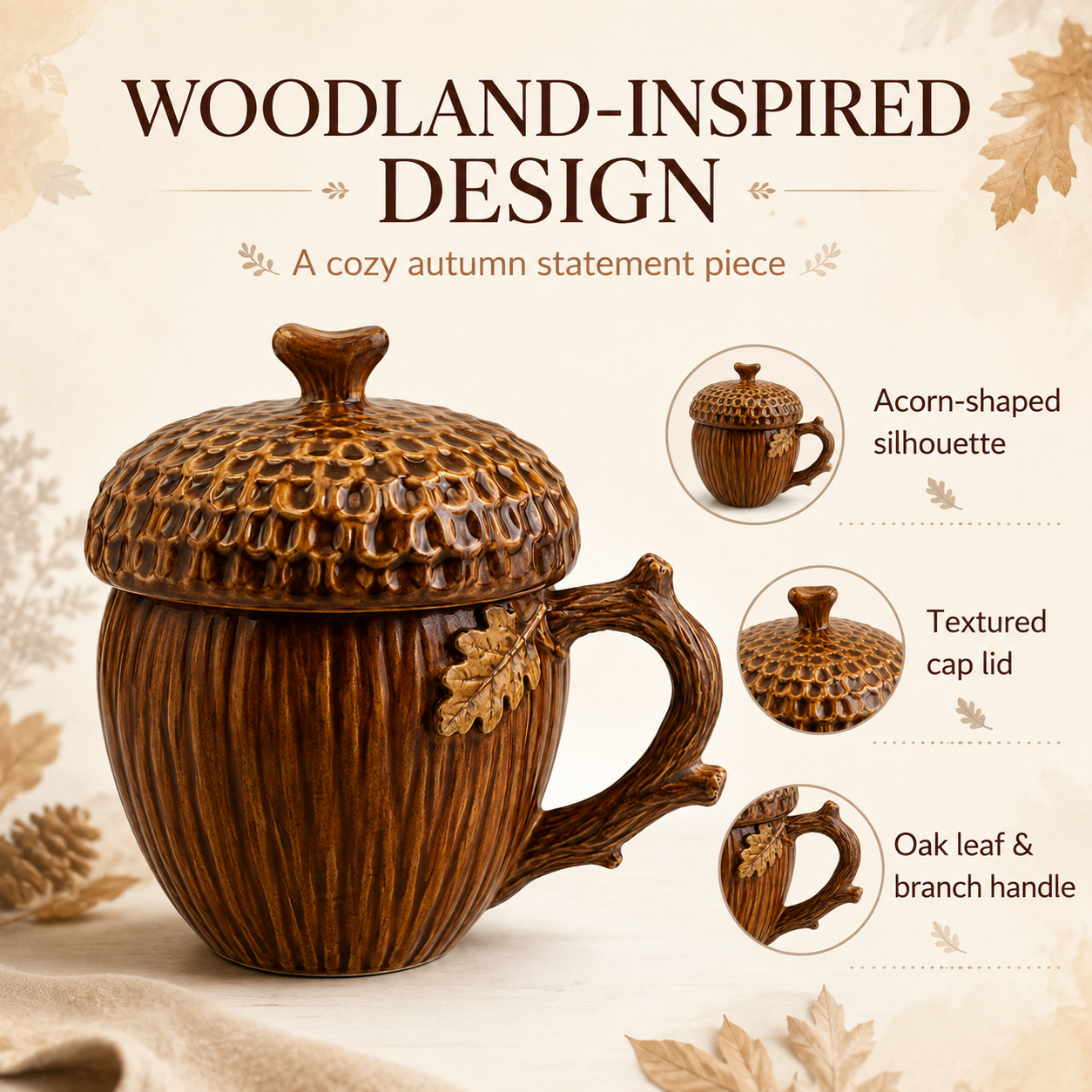 Acorn Lidded Mug with Oak Leaf & Branch Handle