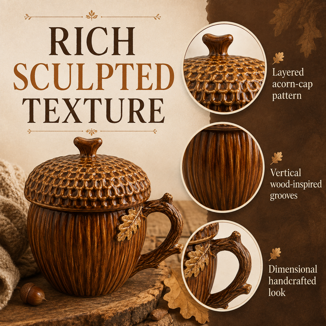 Acorn Lidded Mug with Oak Leaf & Branch Handle