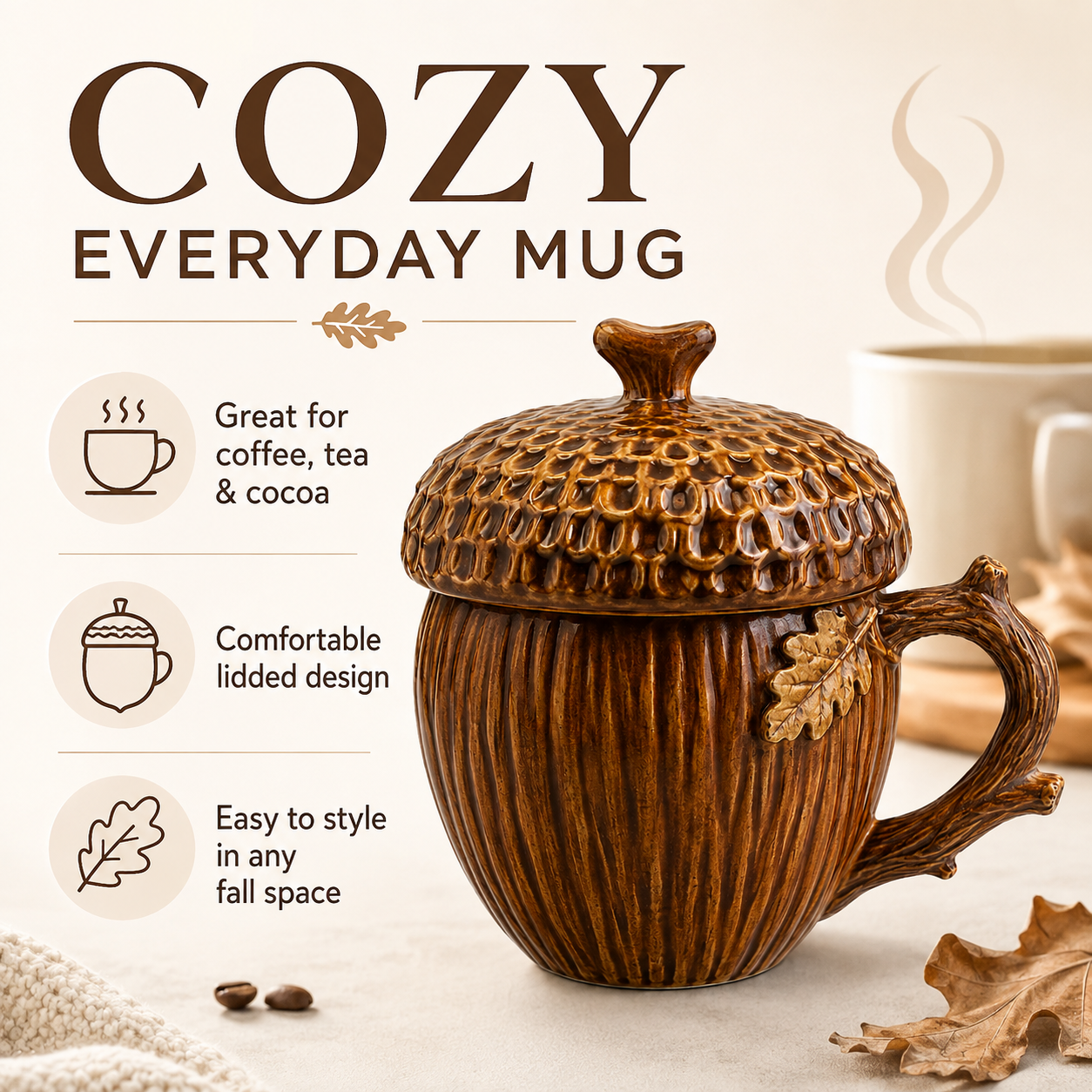 Acorn Lidded Mug with Oak Leaf & Branch Handle