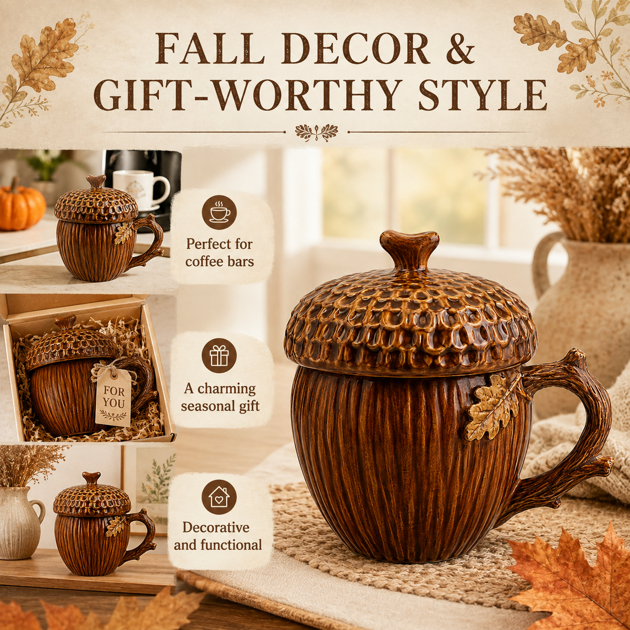 Acorn Lidded Mug with Oak Leaf & Branch Handle