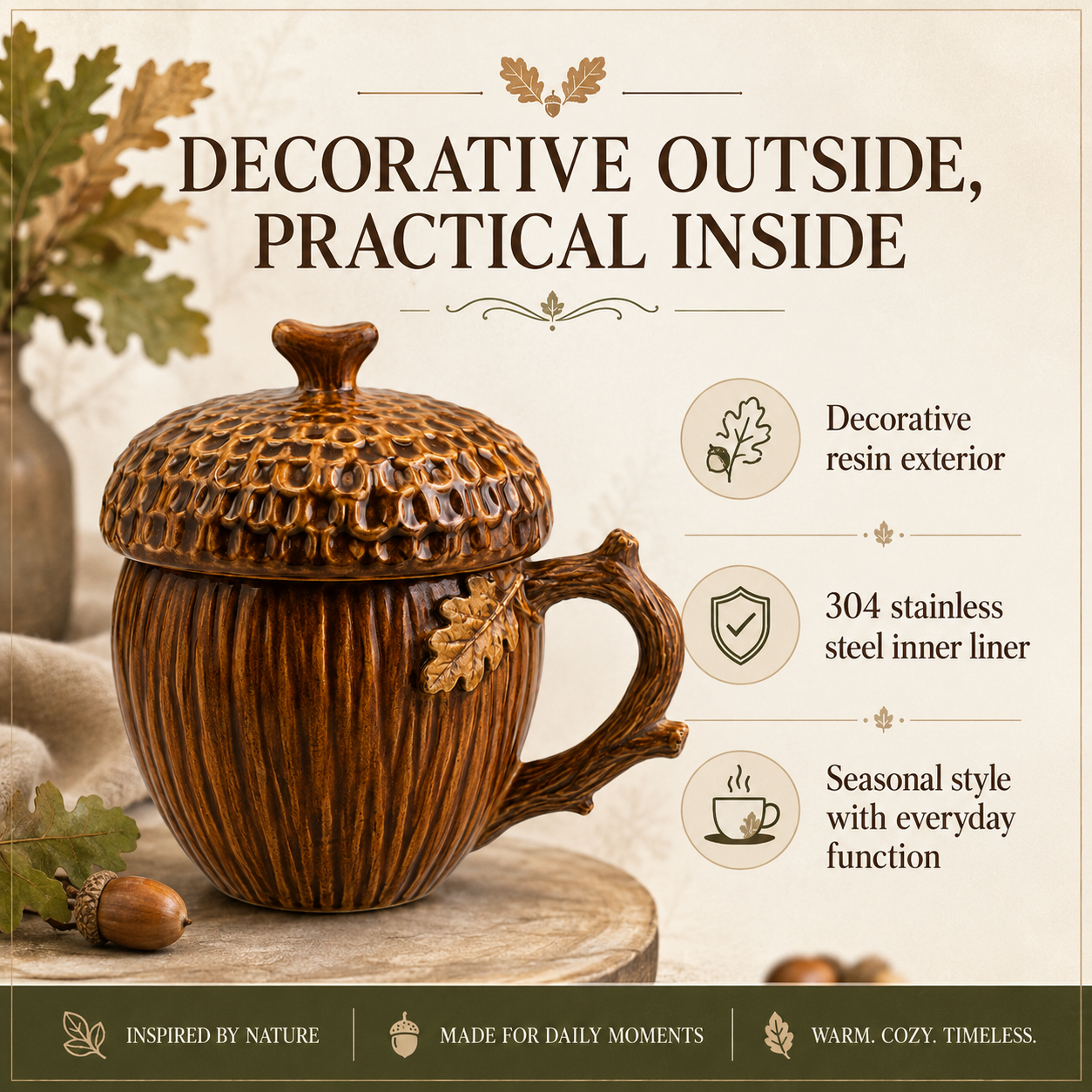 Acorn Lidded Mug with Oak Leaf & Branch Handle
