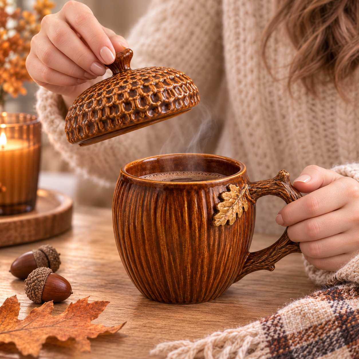 Acorn Lidded Mug with Oak Leaf & Branch Handle