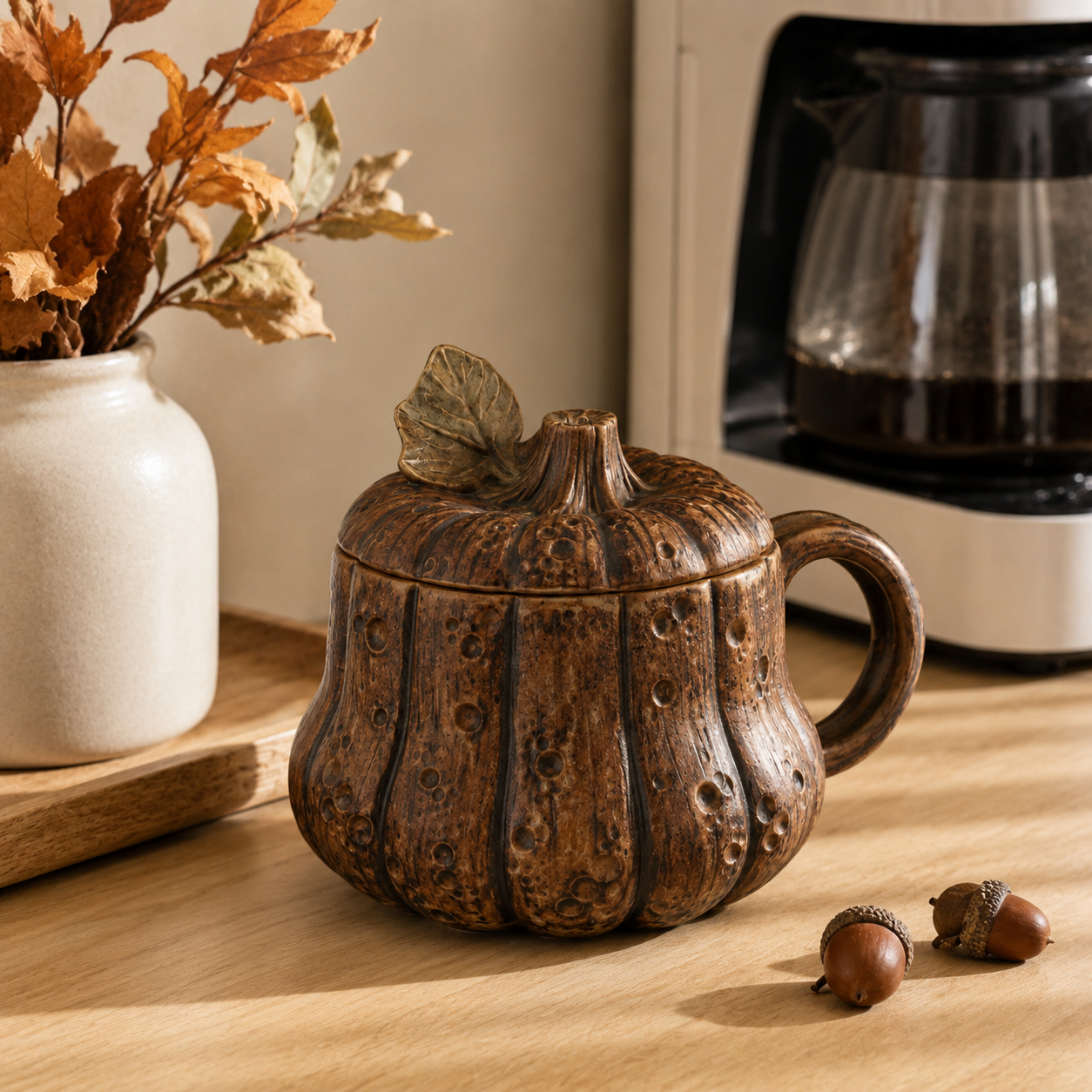 Acorn Lidded Mug with Oak Leaf & Branch Handle