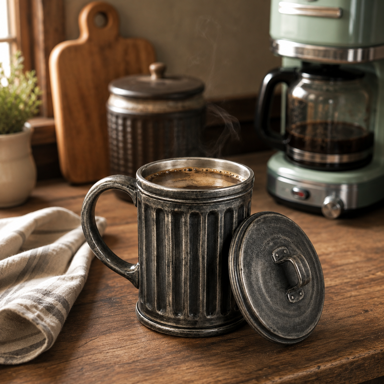 Vintage Trash Can Mug with Lid