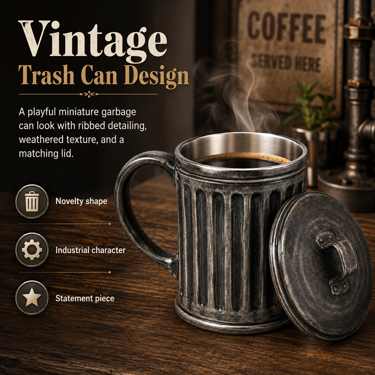 Vintage Trash Can Mug with Lid