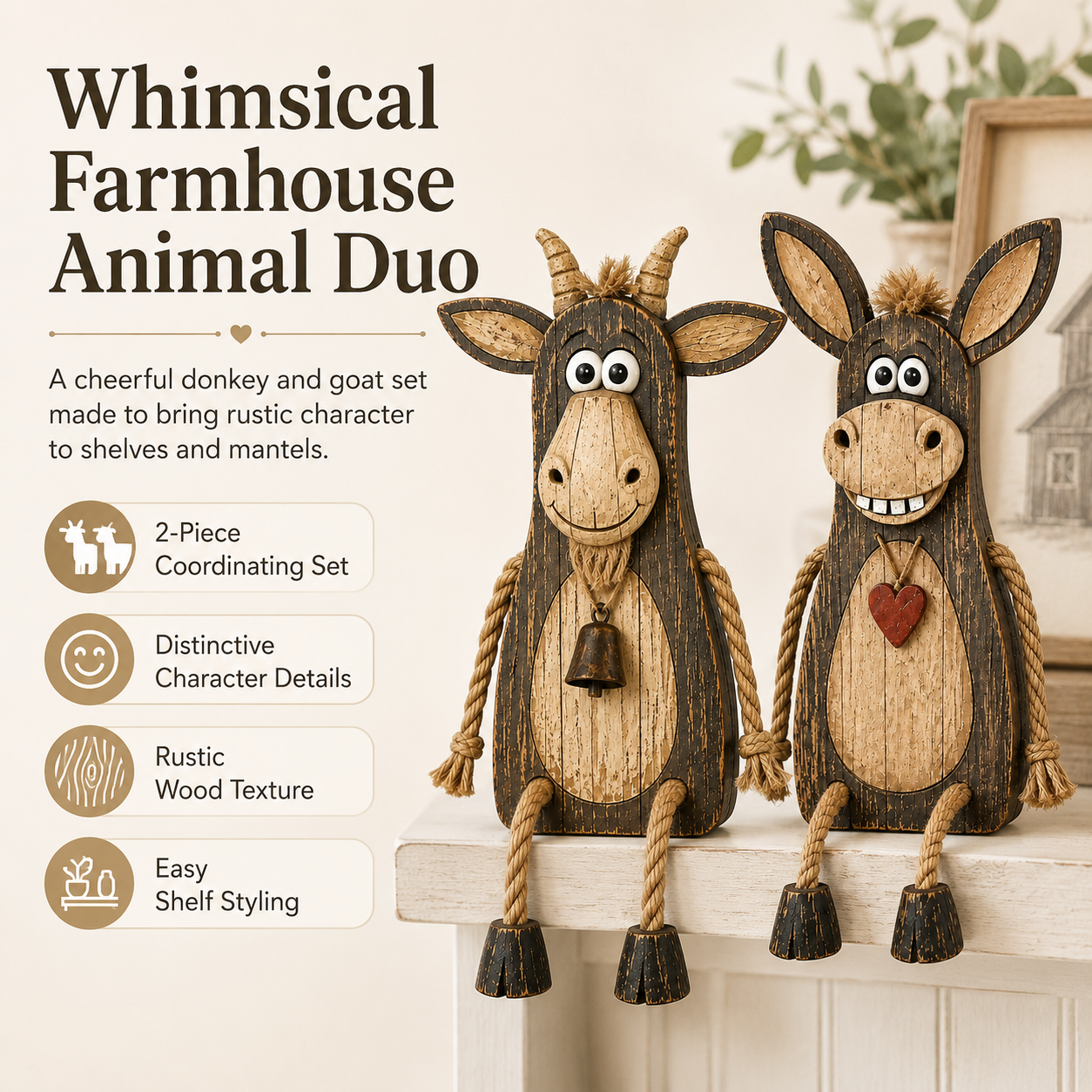 2-Piece Wooden Dangling-Leg Animal Decoration Set