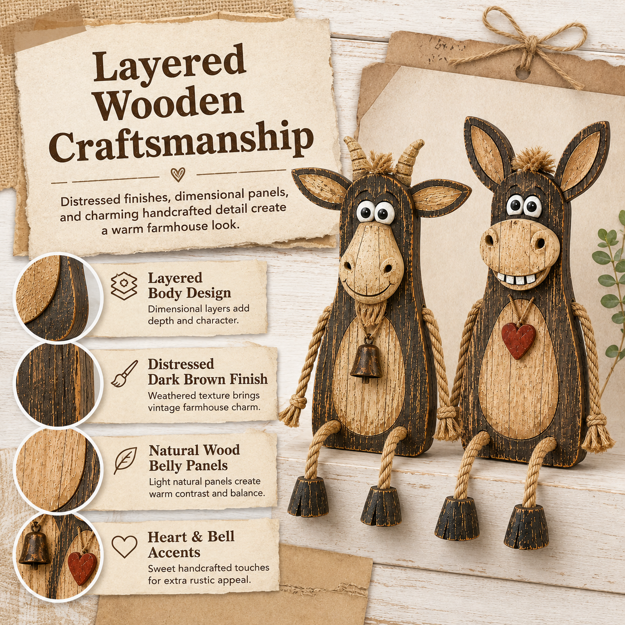 2-Piece Wooden Dangling-Leg Animal Decoration Set