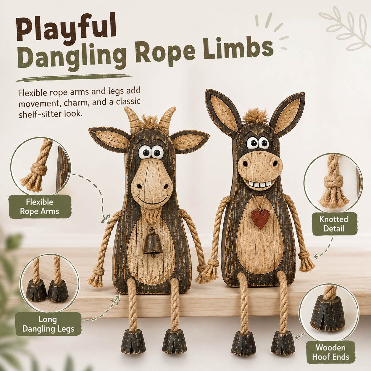 2-Piece Wooden Dangling-Leg Animal Decoration Set