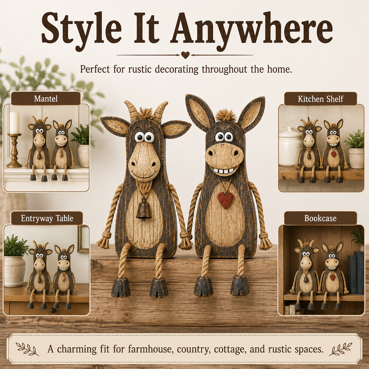2-Piece Wooden Dangling-Leg Animal Decoration Set