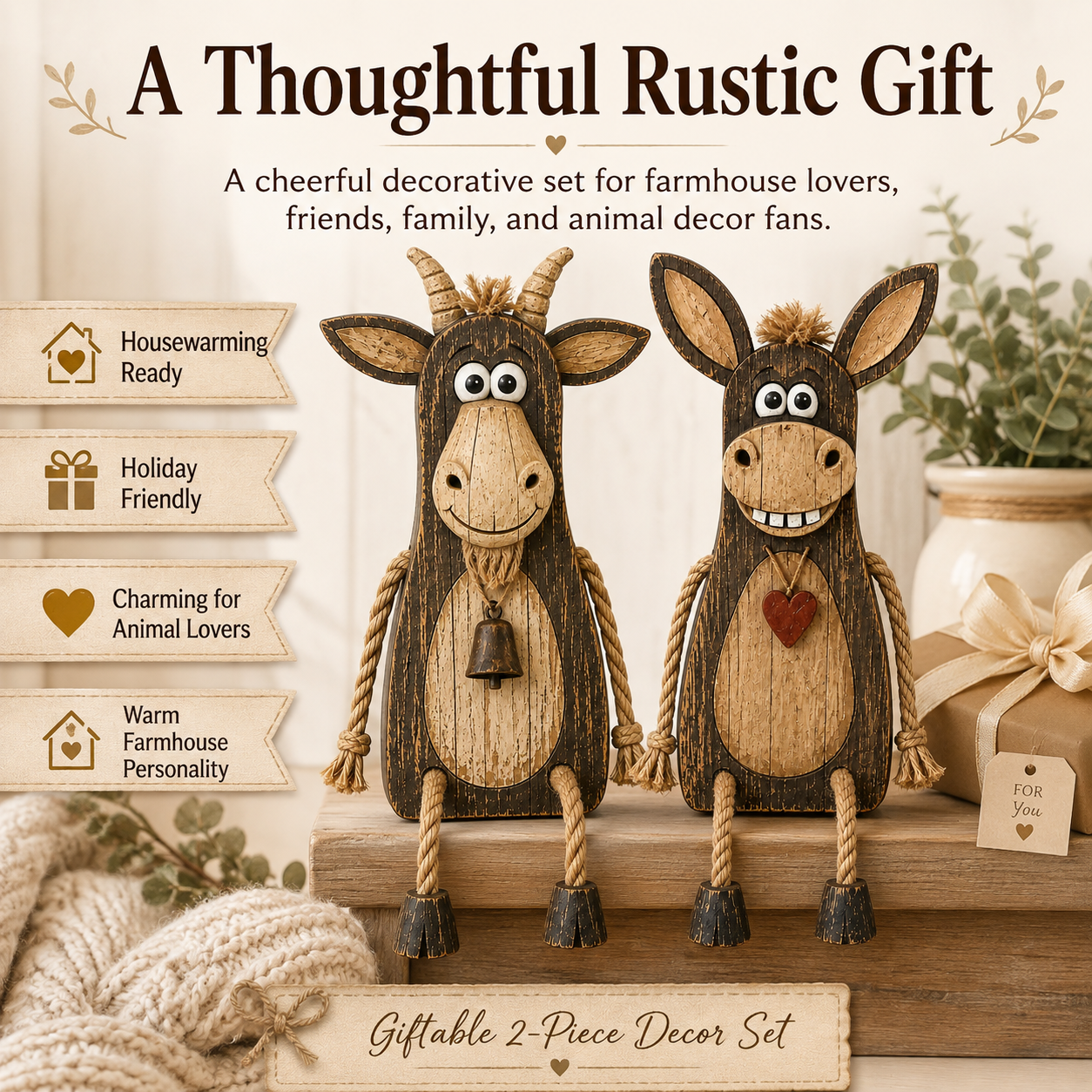 2-Piece Wooden Dangling-Leg Animal Decoration Set