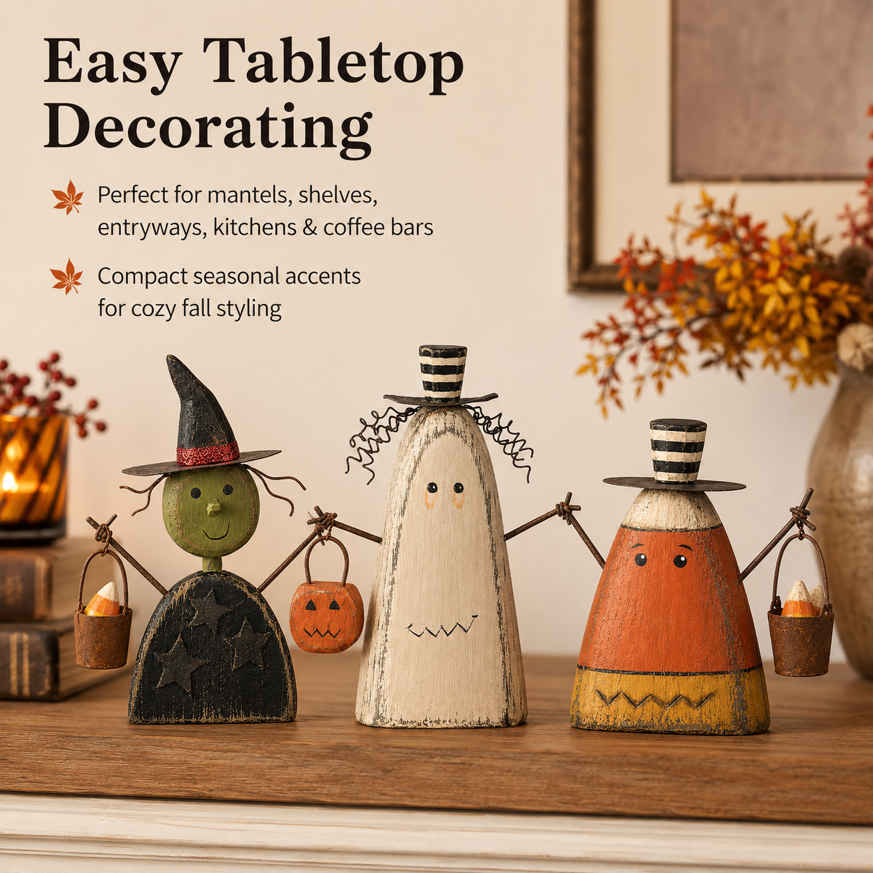 Primitive Halloween Wooden Figurines Set of 3