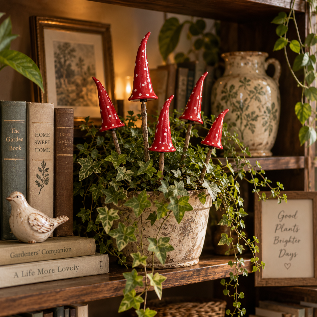 Whimsical Red Mushroom Garden Stake
