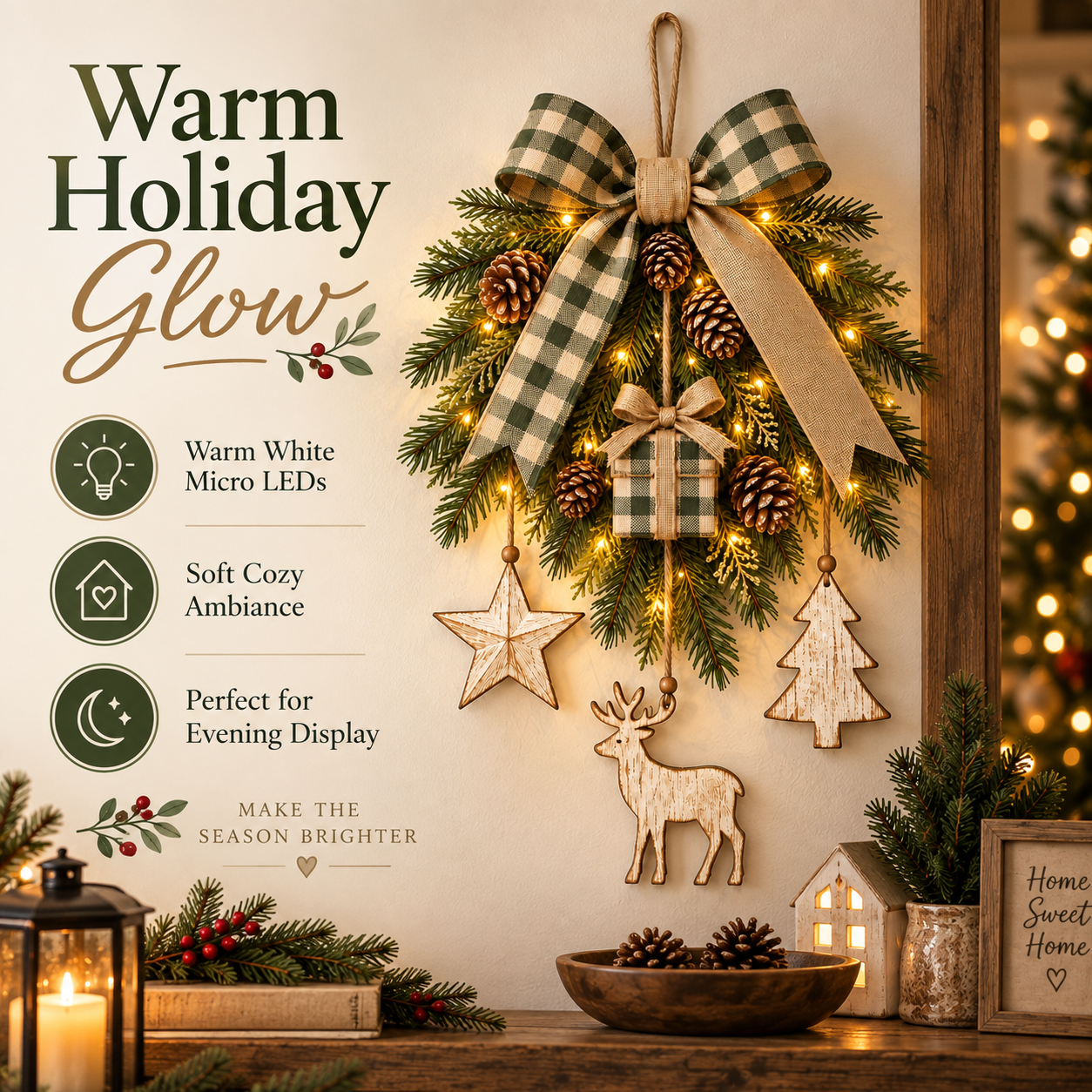 Lighted Rustic Christmas Swag Wall Hanging with Remote Control