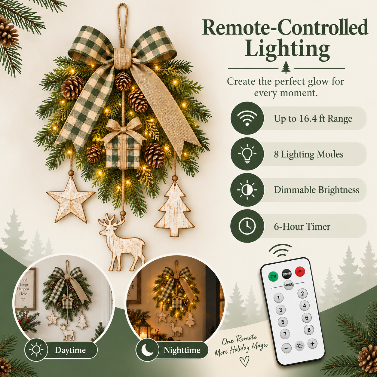 Lighted Rustic Christmas Swag Wall Hanging with Remote Control
