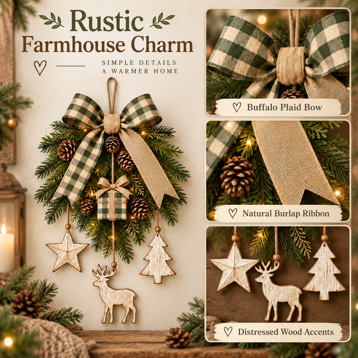 Lighted Rustic Christmas Swag Wall Hanging with Remote Control
