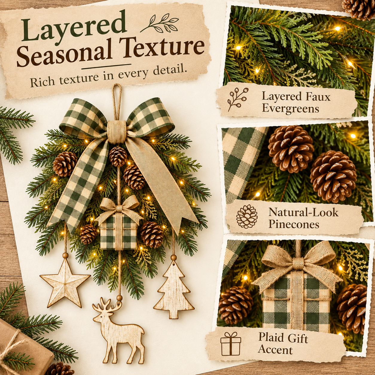 Lighted Rustic Christmas Swag Wall Hanging with Remote Control
