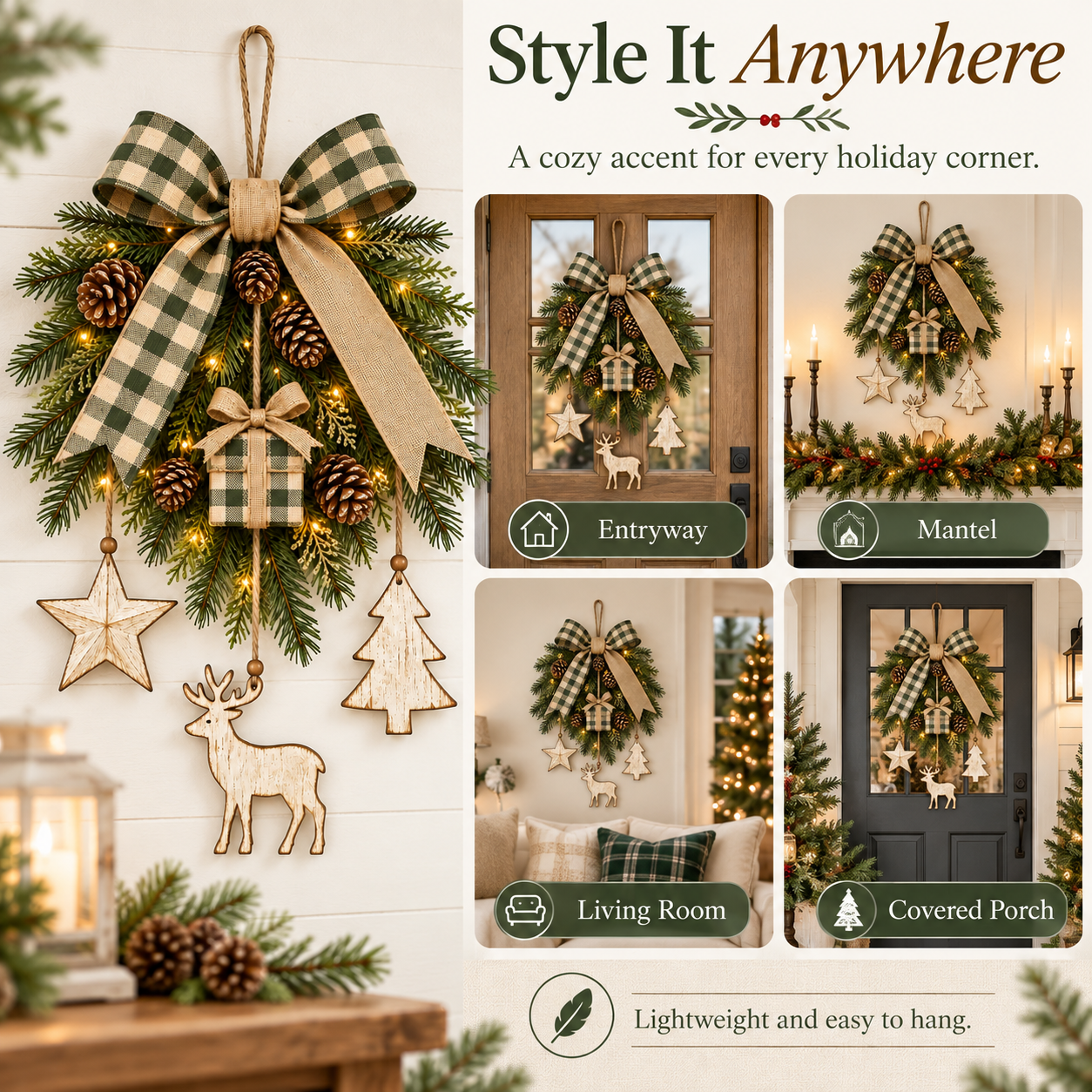 Lighted Rustic Christmas Swag Wall Hanging with Remote Control