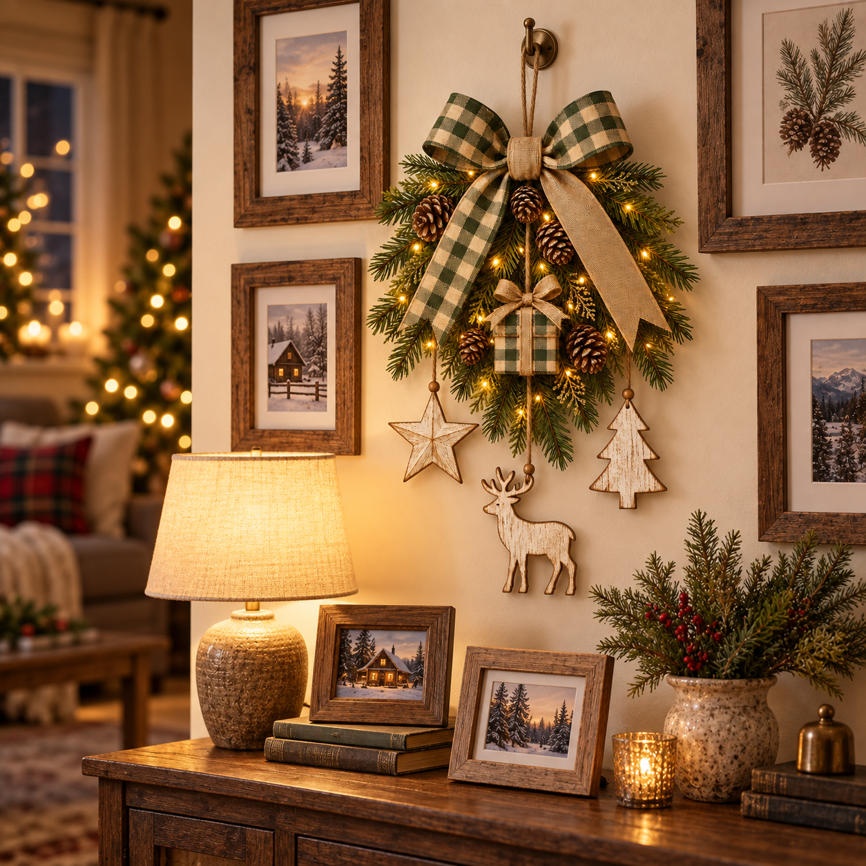 Lighted Rustic Christmas Swag Wall Hanging with Remote Control